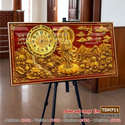 Tranh đồng hồ phật giáo quan âm bồ tát tây phương tam thánh treo tường TDH711