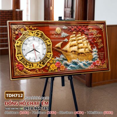 Tranh thuận buồm xuôi gió phong thuỷ đồng hồ tráng gương treo tường TDH712