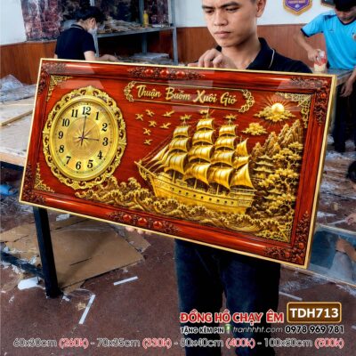 Tranh thuận buồm xuôi gió phong thuỷ đồng hồ tráng gương treo tường TDH713
