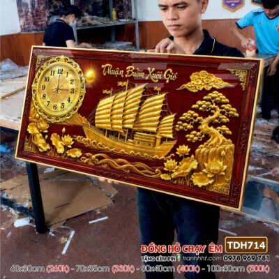 Tranh thuận buồm xuôi gió phong thuỷ đồng hồ tráng gương treo tường TDH714