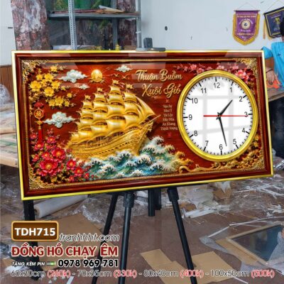 Tranh thuận buồm xuôi gió phong thuỷ đồng hồ tráng gương treo tường TDH715