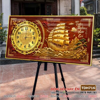 Tranh thuận buồm xuôi gió phong thuỷ đồng hồ tráng gương treo tường TDH716