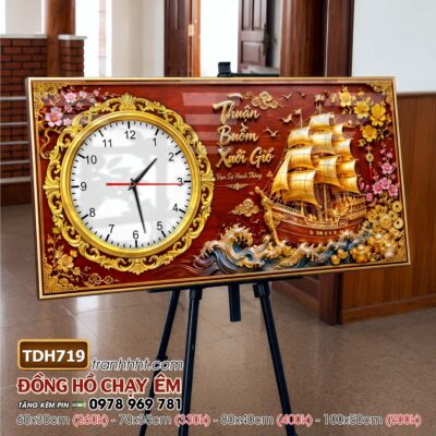 Tranh thuận buồm xuôi gió phong thuỷ đồng hồ tráng gương treo tường TDH719