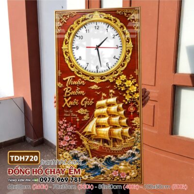 Tranh thuận buồm xuôi gió phong thuỷ đồng hồ tráng gương treo tường TDH720