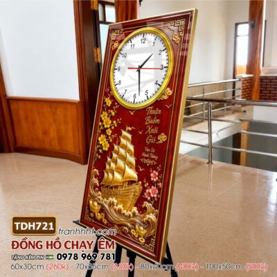 Tranh thuận buồm xuôi gió phong thuỷ đồng hồ tráng gương treo tường TDH721