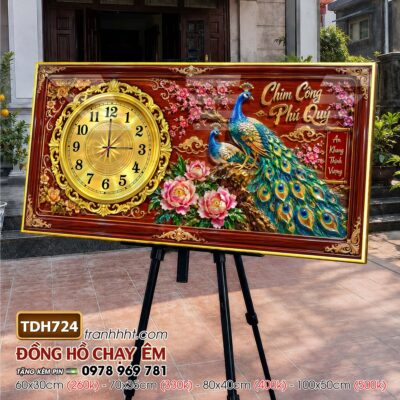 Tranh đồng hồ treo tường tứ quý tùng hạc chim công rồng phượng TDH724