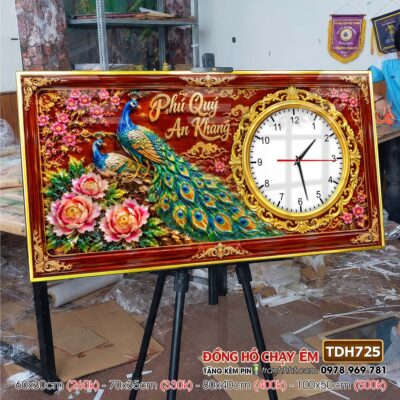 Tranh đồng hồ treo tường tứ quý tùng hạc chim công rồng phượng TDH725