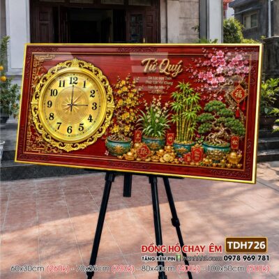 Tranh đồng hồ treo tường tứ quý tùng hạc chim công rồng phượng TDH726