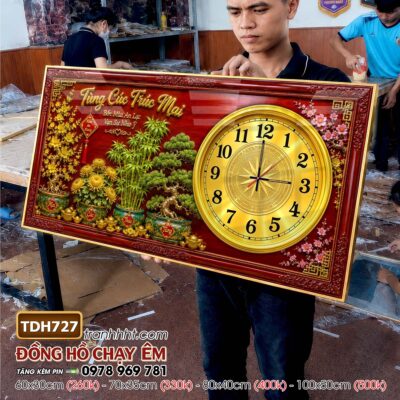 Tranh đồng hồ treo tường tứ quý tùng hạc chim công rồng phượng TDH727