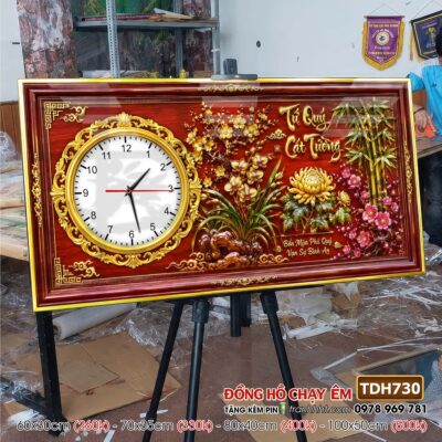 Tranh đồng hồ treo tường tứ quý tùng hạc chim công rồng phượng TDH730