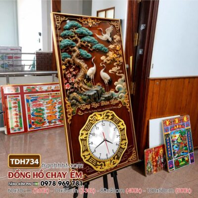 Tranh đồng hồ treo tường tứ quý tùng hạc chim công rồng phượng TDH734