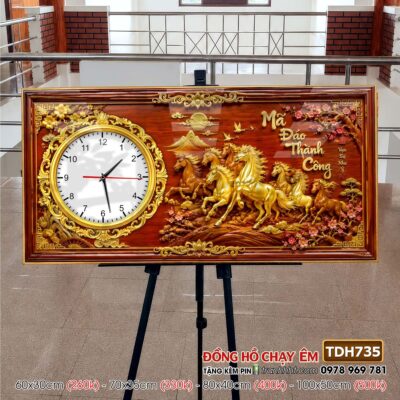 Tranh đồng hồ mã đáo thành công tranh ngựa bát mã treo tường TDH735