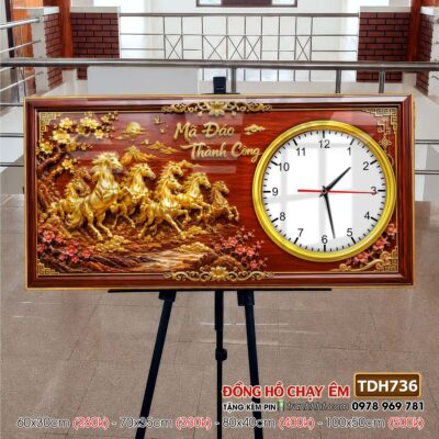 Tranh đồng hồ mã đáo thành công tranh ngựa bát mã treo tường TDH736