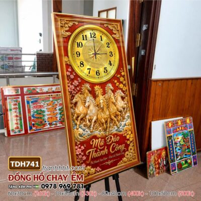 Tranh đồng hồ mã đáo thành công tranh ngựa bát mã treo tường TDH741