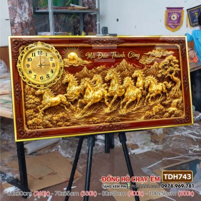 Tranh đồng hồ mã đáo thành công tranh ngựa bát mã treo tường TDH743