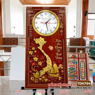 Tranh đồng hồ bản đồ việt nam 34 tỉnh thành tranh tráng gương bản đồ việt nam treo tường TDH794