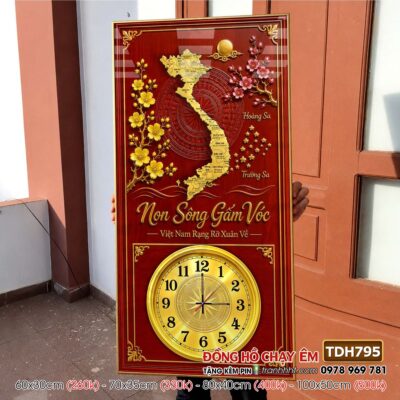 Tranh đồng hồ bản đồ việt nam 34 tỉnh thành tranh tráng gương bản đồ việt nam treo tường TDH795