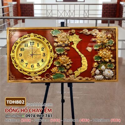 Tranh đồng hồ bản đồ việt nam 34 tỉnh thành tranh tráng gương bản đồ việt nam treo tường TDH802