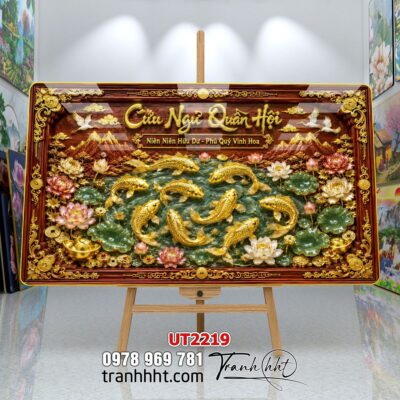 Tranh hoa sen cá chép treo tường UT2219