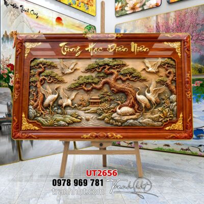 Tranh tùng hạc tứ quý rồng phượng phong thuỷ UT2656