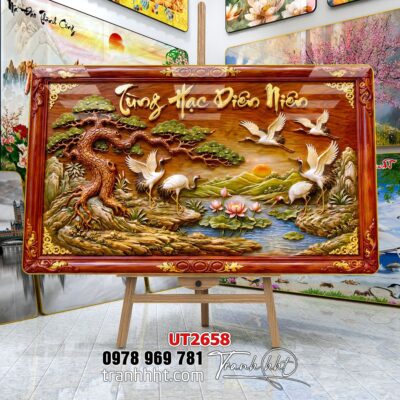 Tranh tùng hạc tứ quý rồng phượng phong thuỷ UT2658