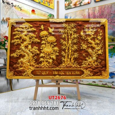 Tranh tùng hạc tứ quý rồng phượng phong thuỷ UT2676