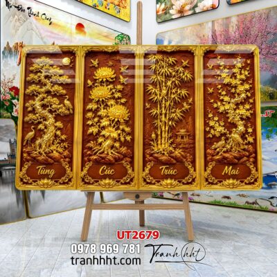 Tranh tùng hạc tứ quý rồng phượng phong thuỷ UT2679