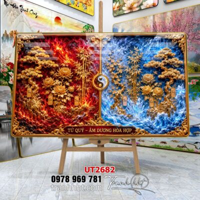 Tranh tùng hạc tứ quý rồng phượng phong thuỷ UT2682