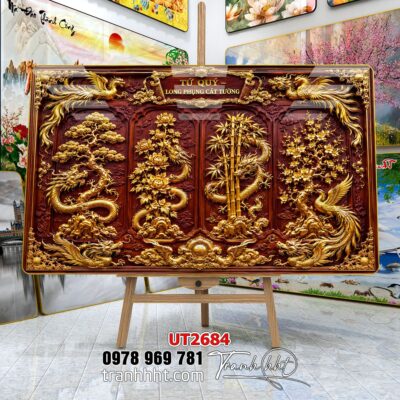 Tranh tùng hạc tứ quý rồng phượng phong thuỷ UT2684