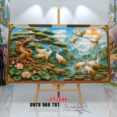 Tranh tùng hạc tứ quý rồng phượng phong thuỷ UT2686