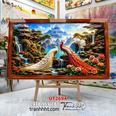 Tranh tùng hạc tứ quý rồng phượng phong thuỷ UT2694