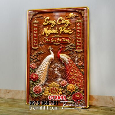 Tranh tùng hạc tứ quý rồng phượng phong thuỷ UT2695