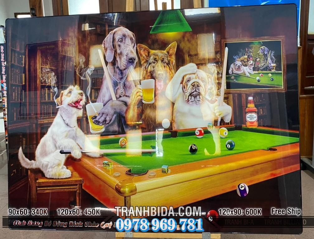 Tranh treo tường Tiệm BILLIARDS Chu De Thu Cung nghệ thuật hài hước và đáng yêu, kết hợp giữa chủ đề billiards và các loài chó tông màu ấm và sáng