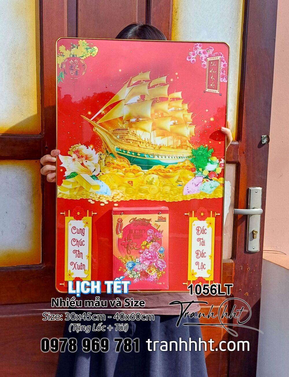 Lịch Tết Thuận buồm xuôi gió, thuyền buồm Kim Tiền Tài Lộc phong thủy tráng gương Laminate treo tường - Lịch gỗ tráng gương 2026 1056LT
