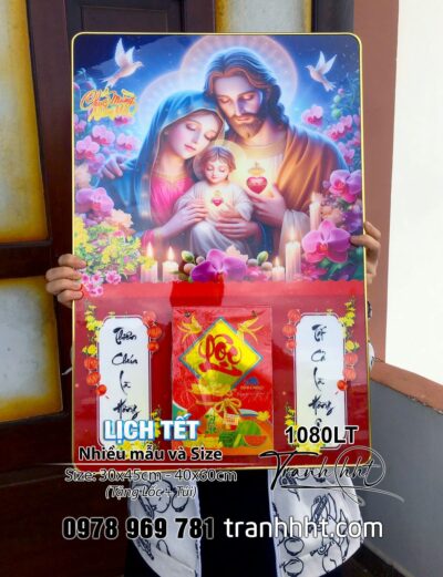 Khung tranh Lịch Tết Công Giáo chúa Giêsu Phúc Lành, đức mẹ Maria gia đình nhà thánh ngày xuân tráng gương Laminate treo tường - Lịch gỗ tráng gương 2026 1080LT