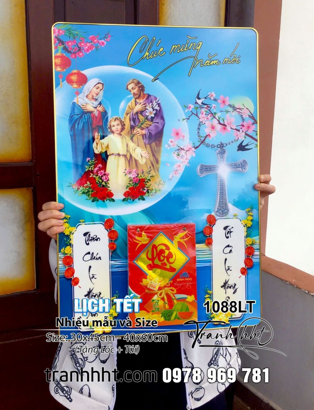 Khung tranh Lịch Tết Công Giáo đức mẹ Maria thánh đức tràn đầy, tranh chúa Giêsu gia đình nhà thánh tráng gương Laminate treo tường - Lịch gỗ tráng gương 2026 1088LT