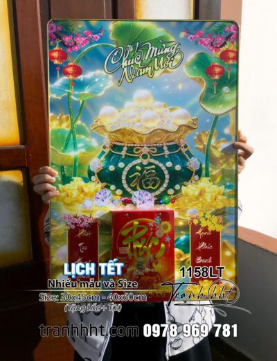 Khung tranh Lịch Tết Kim Tiền Tài Lộc túi vàng ngọc trai kim cương phong thủy hút tài lộc tráng gương Laminate treo tường - Lịch gỗ tráng gương 2026 1158LT