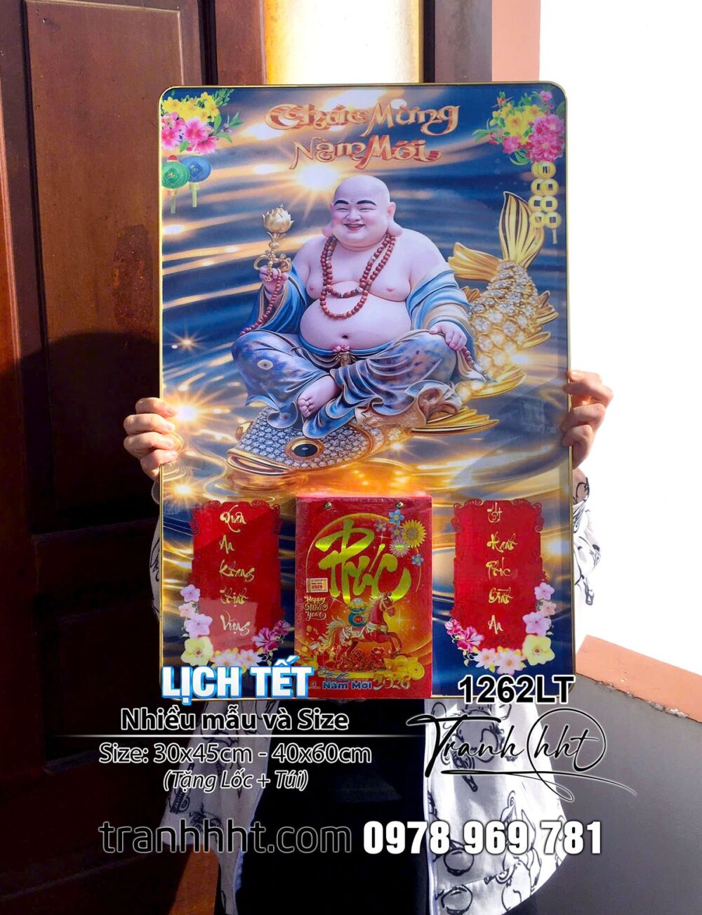 Đốc Lịch Tết Tài Lộc Phật Di Lặc vàng phát tài phát lộc hạnh phúc trọn vẹn tráng gương Laminate treo tường - Lịch gỗ tráng gương 2026 1262LT