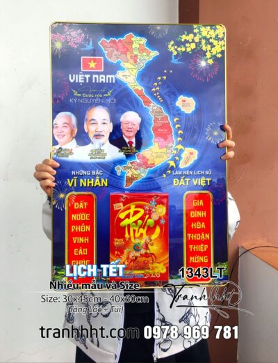 Khung tranh Lịch bản đồ việt nam, Lịch Tết bản đồ 34 tỉnh, bản đồ Việt Nam, bác Hồ, bác Giáp, bác Trọng kính yêu, Lịch Tết 2026, Đốc Lịch Tết, Lịch bloc - Lịch gỗ tráng gương bác Hồ 2026 1343LT