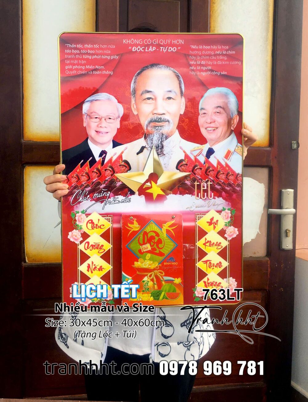 Lịch Tết bác Hồ, bác Giáp, bác Trọng kính yêu - Lịch bác Hồ, bác Giáp, bác Trọng tráng gương Laminate treo tường - Lịch gỗ tráng gương bác Hồ 2026 763LT