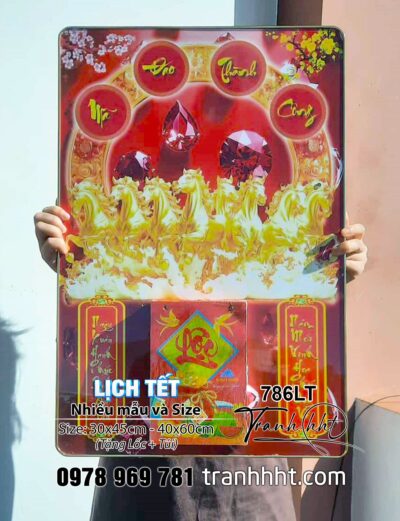 Lịch Tết Ngựa mã đáo thành công, lịch ngựa bát mã phong thủy vàng bạc đá quý thịnh vượng tráng gương Laminate treo tường - Lịch gỗ tráng gương 2026 786LT