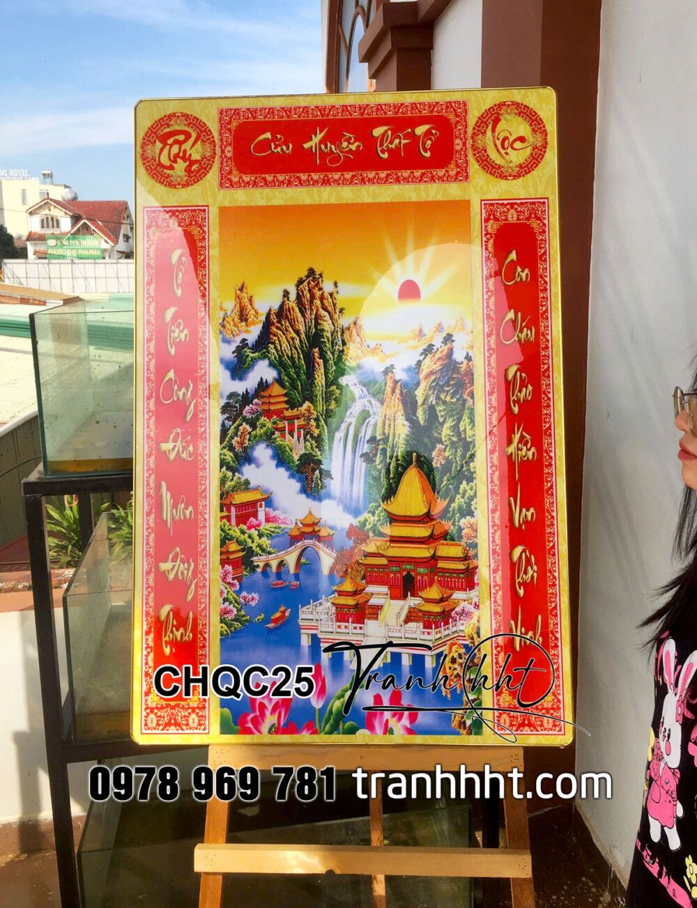 Tranh treo phòng thờ bàn thờ tủ thờ sập thờ, tranh phòng thờ gia tiên, tranh đức lưu quang treo tường, tranh kính nhớ tổ tiên, Tranh cửu huyền thất tổ vinh hoa tổ truyền tráng gương treo tường CHQC25