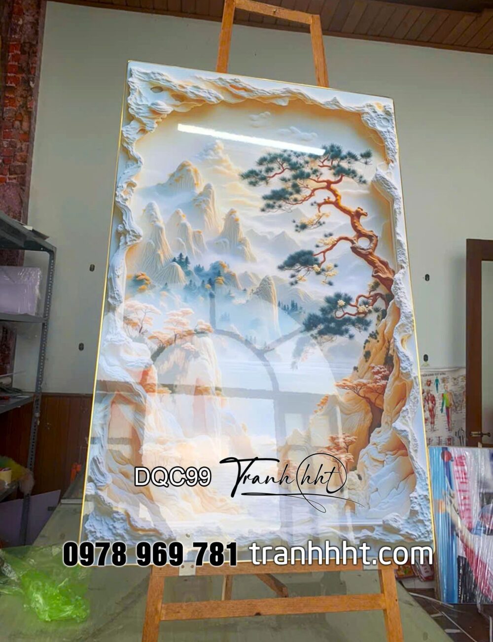 Tranh trang trí phòng khách, tranh tráng gương treo tường, Tranh Decor hiện đại núi non hữu tình tráng gương treo tường DQC99