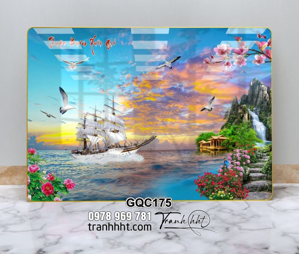Tranh thuận buồm xuôi gió hoàng hôn với cánh chim tự do tráng gương treo tường GQC175
