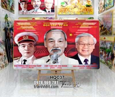 Tranh bác Hồ, tranh vĩ nhân, Tranh treo tường 3 vị lãnh tụ di sản muôn đời của nhân dân bác Hồ, bác Giáp, bác Trọng HQC37