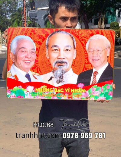 Tranh bác Hồ kính yêu, khung hình bác Hồ, Tranh treo tường ba vị lãnh đạo sáng suốt tráng gương bác Hồ, bác Giáp, bác Trọng HQC68
