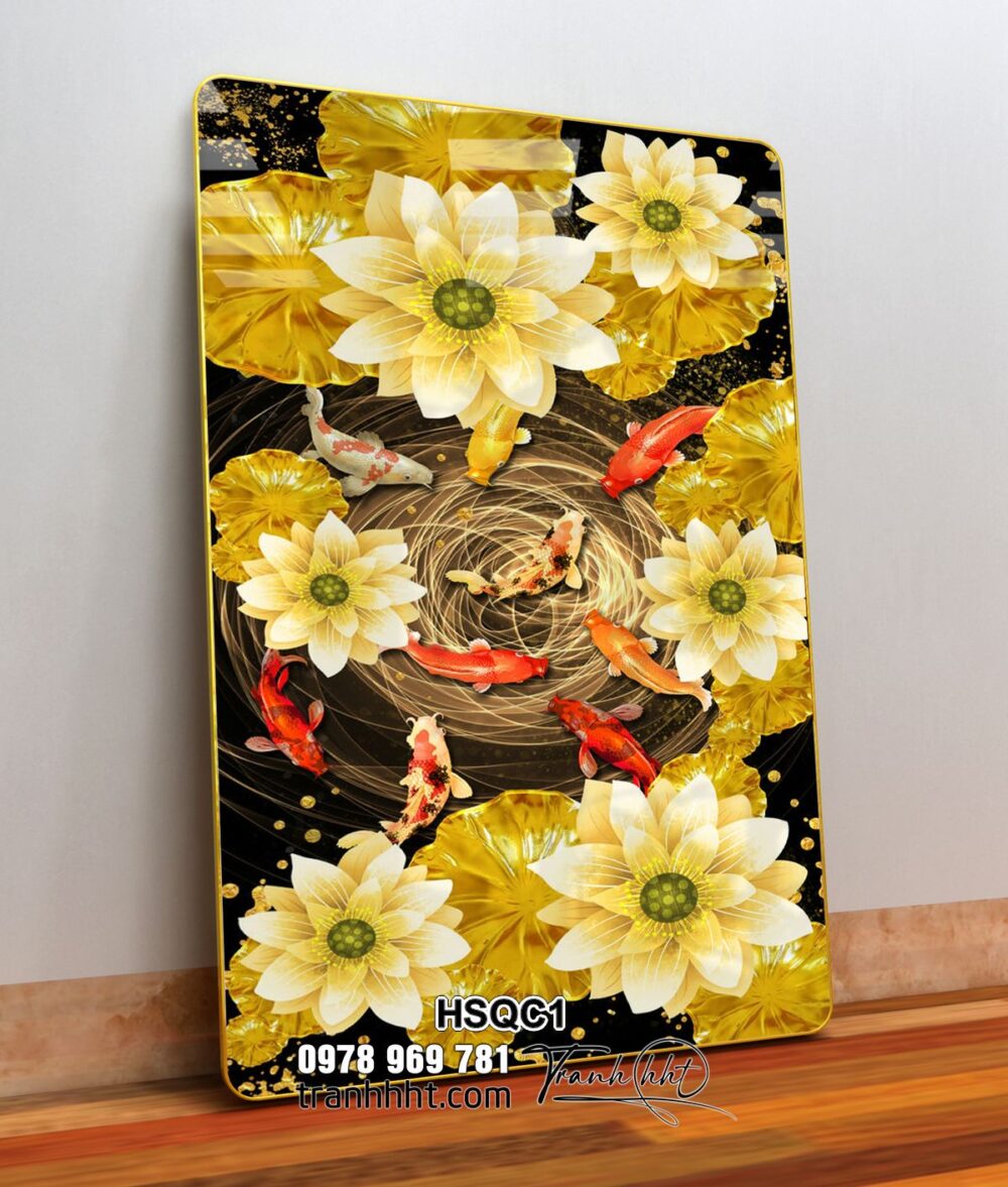 Tranh hoa sen tráng gương treo tường, tranh hoa sen cá chép trang trí, tranh hoa sen sơn dầu, tranh hoa sen cá chép, tranh hoa sen cá chép vải canvas, tranh