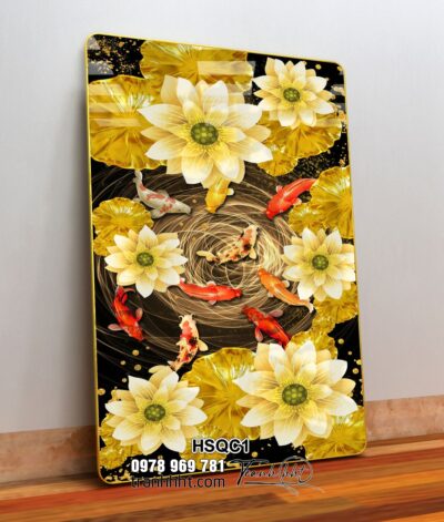 Tranh hoa sen tráng gương treo tường, tranh hoa sen cá chép trang trí, tranh hoa sen sơn dầu, tranh hoa sen cá chép, tranh hoa sen cá chép vải canvas, tranh