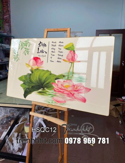 Khung tranh hoa sen treo tường, Tranh hoa sen cá chép sen hồng thanh khiết tráng gương treo tường HSQC12