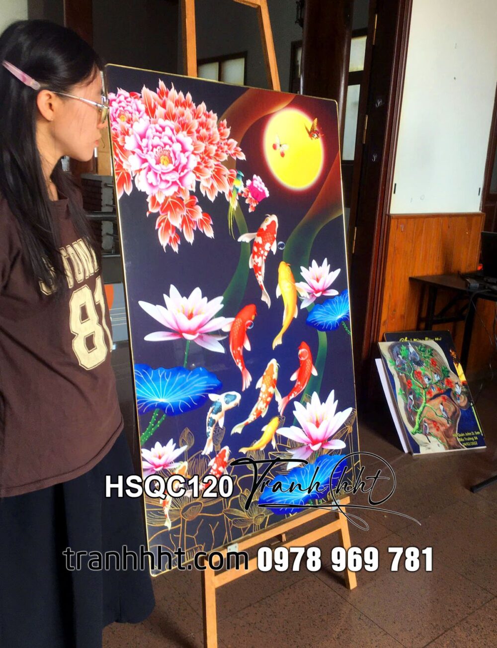 Tranh tráng gương hoa sen, tranh sen nghệ thuật, Tranh hoa sen cá chép phong thủy tài lộc tráng gương treo tường HSQC54